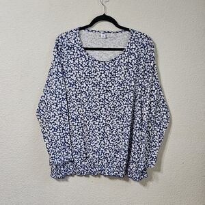 Old Navy Blouse Womens XL Floral Scoop Neck Long Sleeve Pullover Top Blue